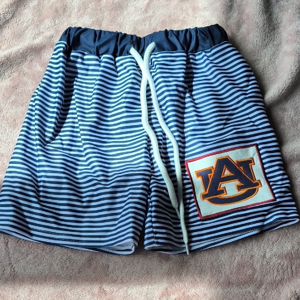 Blue and White Striped Swim Trunks with Elastic Waistband